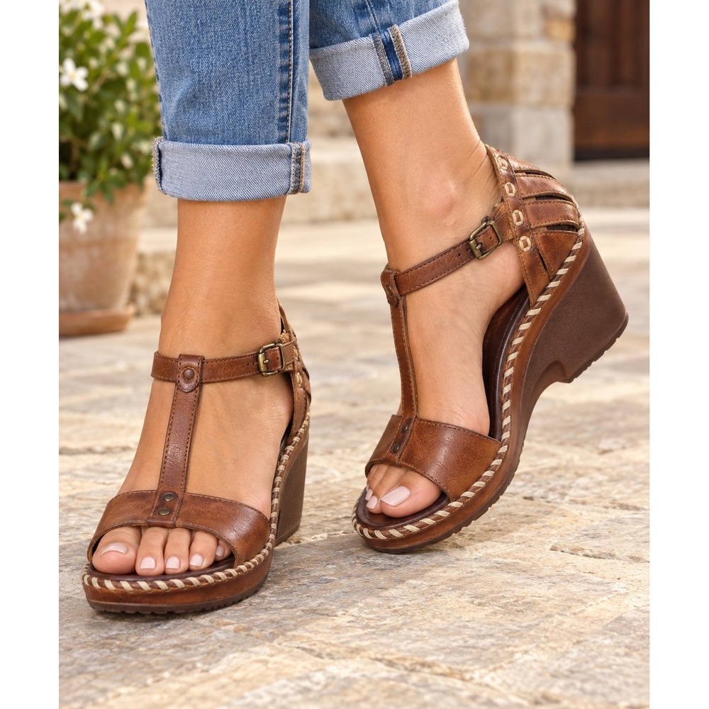 Ariat Brown Leather T-Strap Wedge Sandals Womens US 8B Braided Ankle Strap